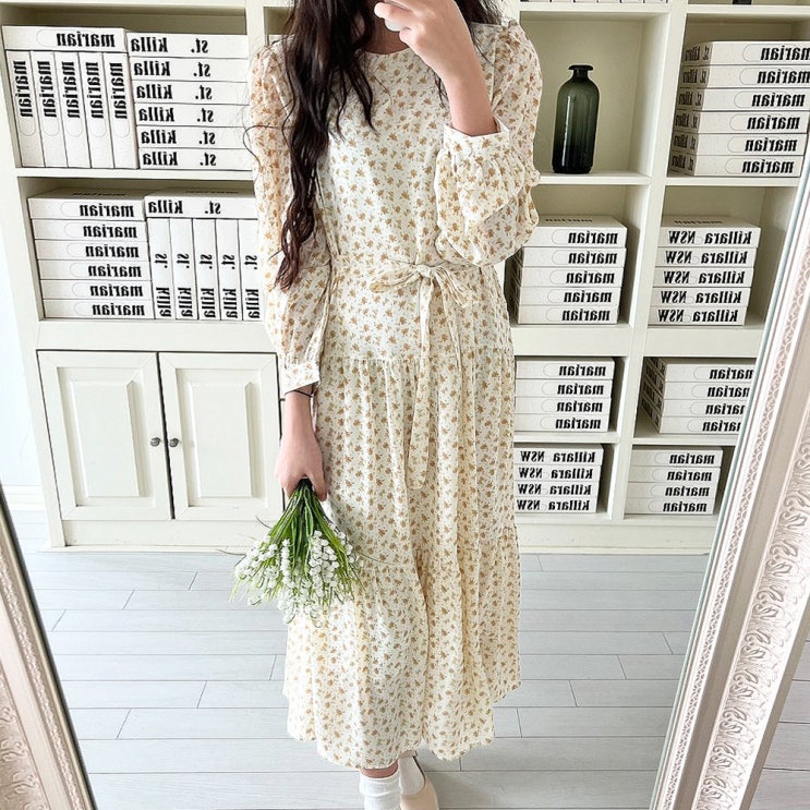  봄 쉬폰 원피스 플라워 캉캉 원피스 시폰 롱 원피스