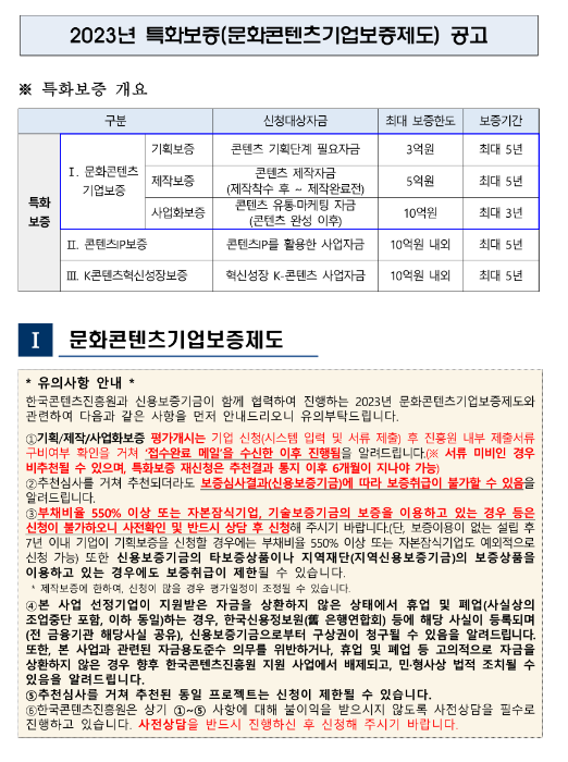 2023년 4월 특화보증(문화콘텐츠기업보증제도) 공고 2023년 4월 특화보증(문화콘텐츠기업보증제도) 공고