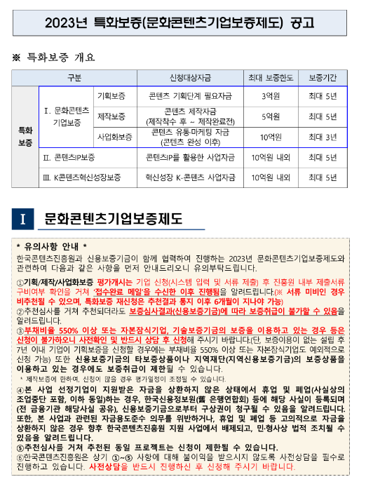 2023년 4월 특화보증(문화콘텐츠기업보증제도) 공고