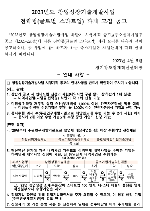 2023년 창업성장기술개발사업 경기창조경제혁신센터 전략형(글로벌 스타트업) 과제 모집 공고 2023년 창업성장기술개발사업 경기창조경제혁신센터 전략형(글로벌 스타트업) 과제 모집 공고