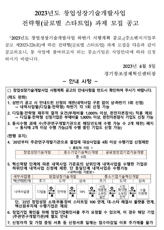 2023년 창업성장기술개발사업 경기창조경제혁신센터 전략형(글로벌 스타트업) 과제 모집 공고