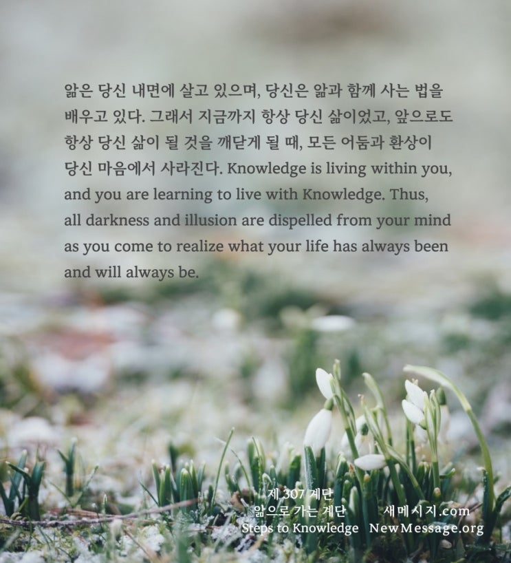 제 307 계단 : 앎은 지금 내 안에 살고 있다 Knowledge is living within me now. 제 307 계단 : 앎은 지금 내 안에 살고 있다 Knowledge is living within me now.