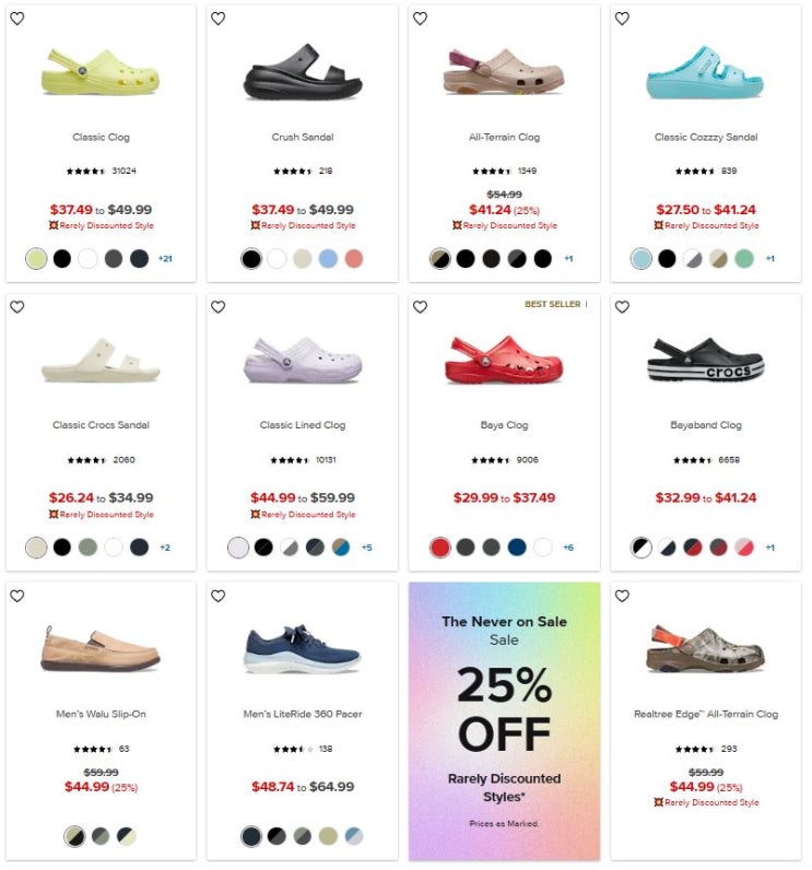  크록스  crocs 25% 할인 49.99불 이상 무료 배송