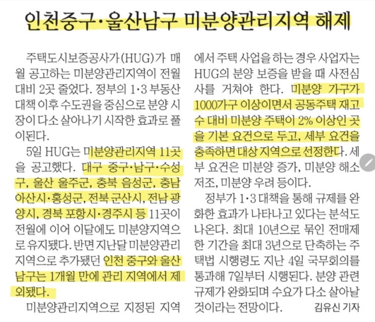  인천 중구, 울산 남구 미분양 관리지역 해제