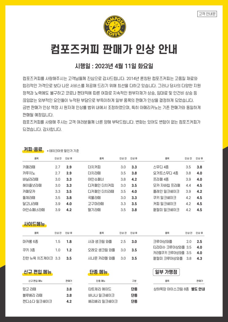  [컴포즈커피] 음료 판매가 인상 예정! 아메리카노는 안올린대요