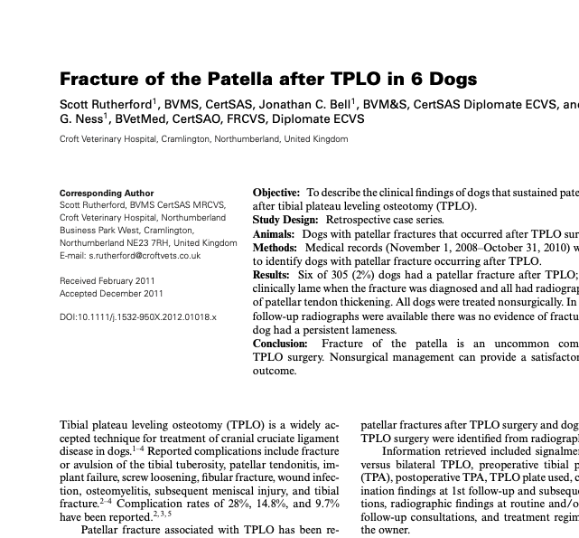  [논문] TPLO 수술후 6마리 개에서(306마리 수술중) 슬개골 골절의 합병증 Patella fracture