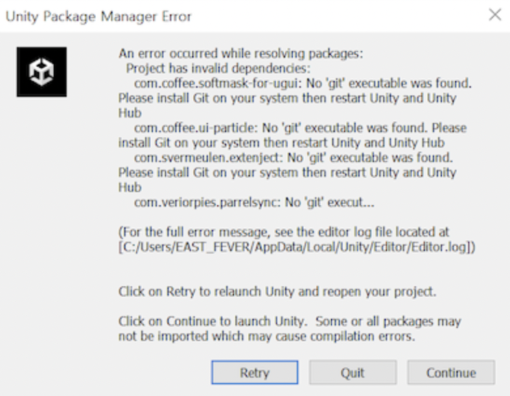 외장하드 내의 유니티 프로젝트 로딩 불가 : Unity Package Manager Error - No 'git' executable was found.
