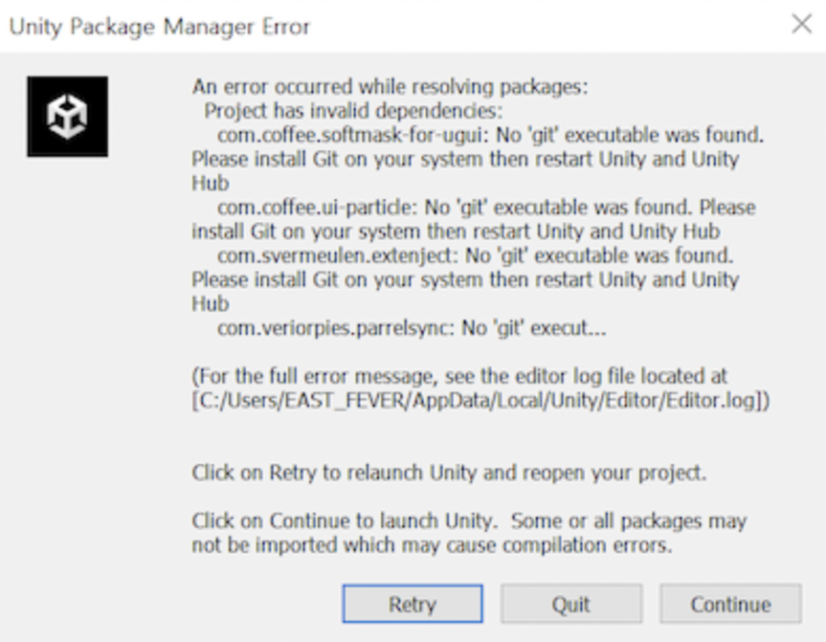  외장하드 내의 유니티 프로젝트 로딩 불가 : Unity Package Manager Error - No 'git' executable was found.