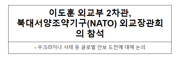 이도훈 외교부 2차관, 북대서양조약기구(NATO) 외교장관회의 참석 이도훈 외교부 2차관, 북대서양조약기구(NATO) 외교장관회의 참석
