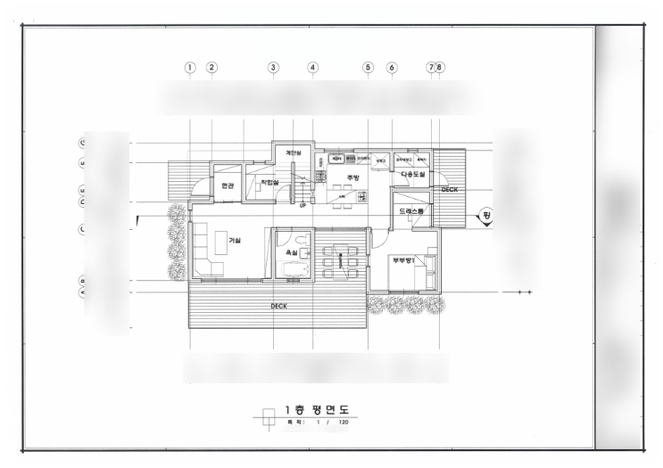  전북 부안에 시공한 경량목구조 전원주택 설계 도면입니다.