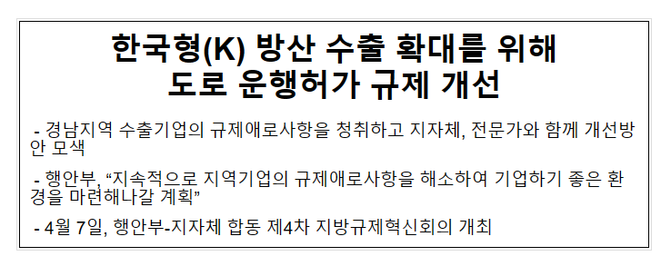 한국형(K) 방산 수출 확대를 위해 도로 운행허가 규제 개선 한국형(K) 방산 수출 확대를 위해 도로 운행허가 규제 개선