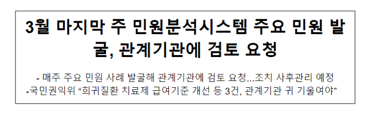 3월 마지막 주 민원분석시스템 주요 민원 발굴, 관계기관에 검토 요청_국민권익위원회 3월 마지막 주 민원분석시스템 주요 민원 발굴, 관계기관에 검토 요청_국민권익위원회