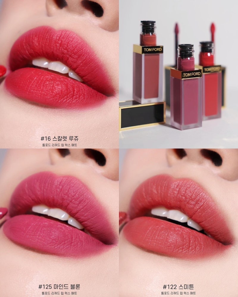 톰 포드 뷰티 리퀴드 립 럭스 매트 스미튼, 마인드블론, 스칼렛루즈 발색