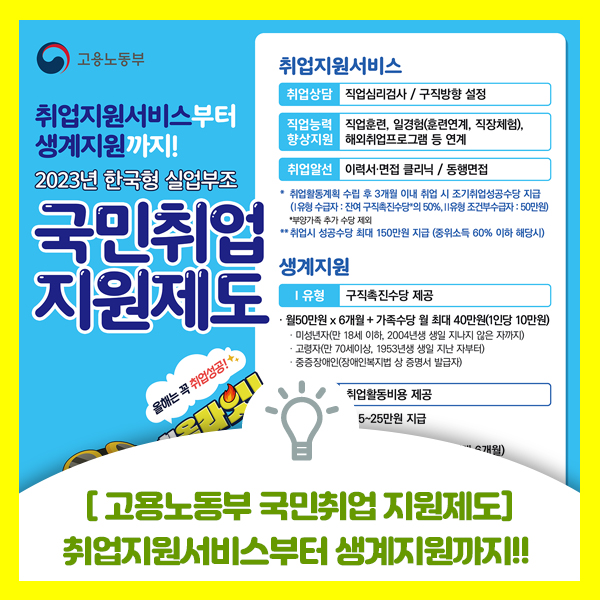 고용노동부 2023년 한국형 실업부조 국민취업 지원제도 안내해 드려요. 생계지원까지 해드립니다.