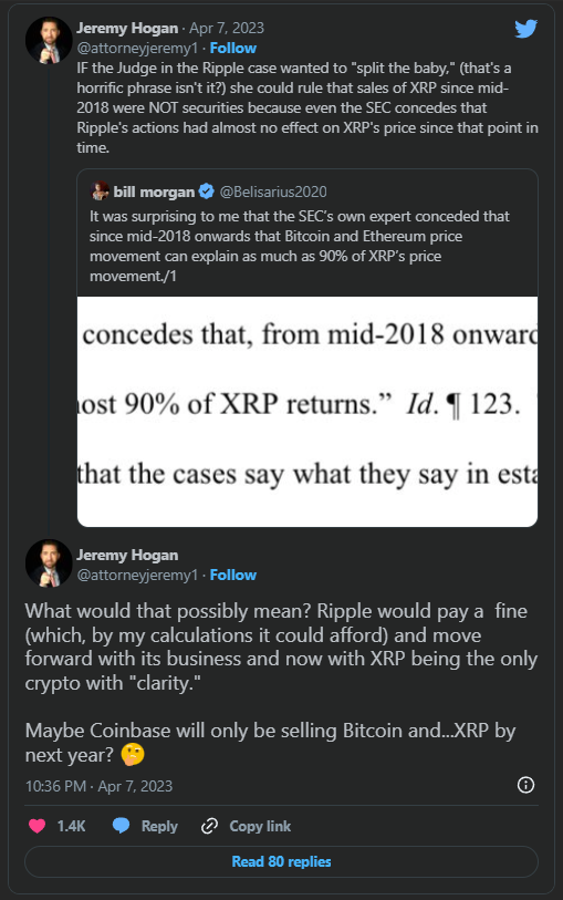  친리플 변호사 "SEC-리플 소송, 벌금형에 그칠 것"..."승소시 XRP 1달러 도달할 것"