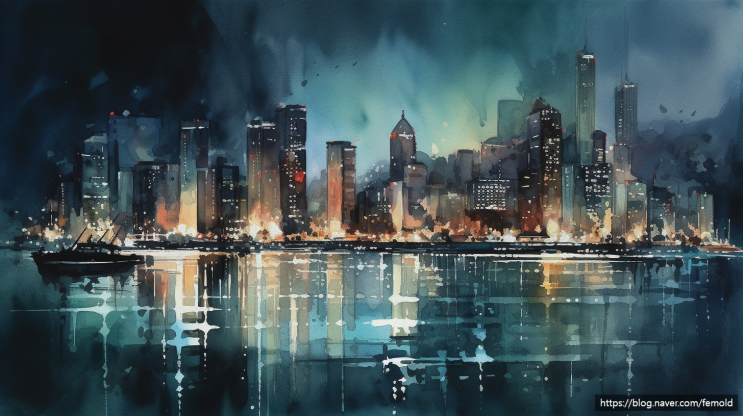 AI art gallery : 도시 밤 야경, 물에 비친 도시 야경