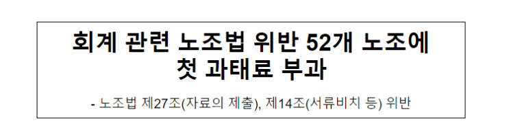 회계 관련 노조법 위반 52개 노조에 첫 과태료 부과_고용노동부 회계 관련 노조법 위반 52개 노조에 첫 과태료 부과_고용노동부