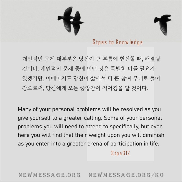 제 312 계단: 내가 세상에서 해결해야 할 큰 문제들이 있다 There are greater problems for me to solve in the world. 제 312 계단: 내가 세상에서 해결해야 할 큰 문제들이 있다 There are greater problems for me to solve in the world.