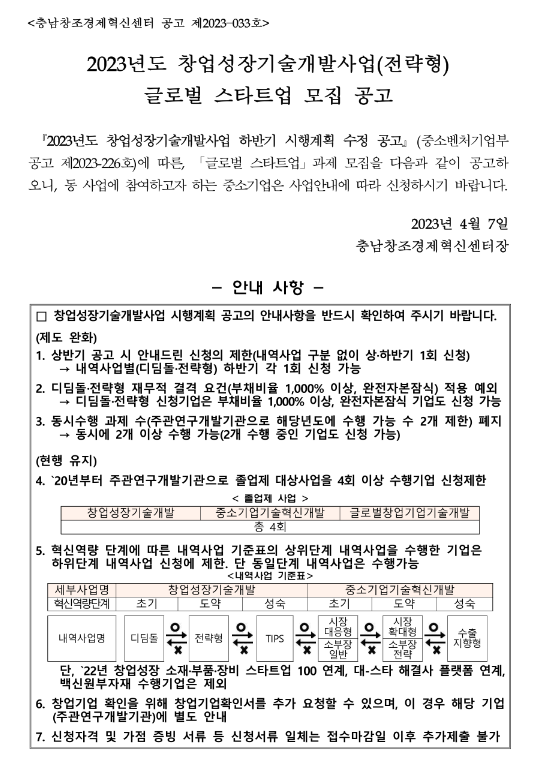 2023년 창업성장기술개발사업 충남창조경제혁신센터 전략형(글로벌 스타트업) 과제 모집