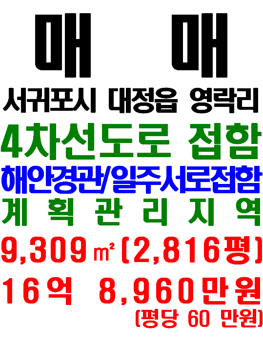  영락리 해안가 4차선 도로에 접한 서귀포시 대정읍 영락리 토지 매매(매물번호 647)