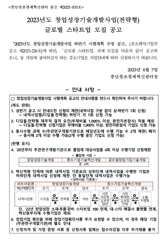 2023년 창업성장기술개발사업 충남창조경제혁신센터 전략형(글로벌 스타트업) 과제 모집 공고 2023년 창업성장기술개발사업 충남창조경제혁신센터 전략형(글로벌 스타트업) 과제 모집 공고