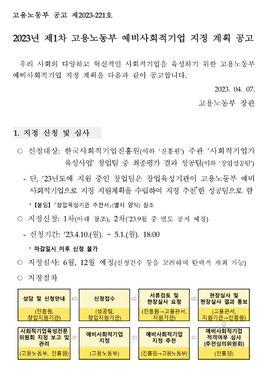 2023년 1차 고용노동부 예비사회적기업 지정 계획 공고 2023년 1차 고용노동부 예비사회적기업 지정 계획 공고