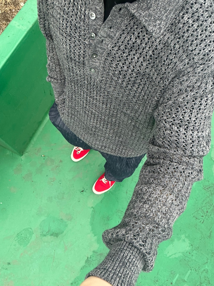  [르마드(LEMARD)] 23 S/S 스카시 투톤 반오픈 단추 카라 니트 - 차콜 후기 (내돈내산 + 팝업소식)