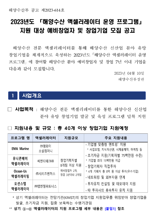 2023년 해양수산 액셀러레이터 운영 프로그램 지원 대상 예비창업자 및 창업기업 모집 공고 2023년 해양수산 액셀러레이터 운영 프로그램 지원 대상 예비창업자 및 창업기업 모집 공고