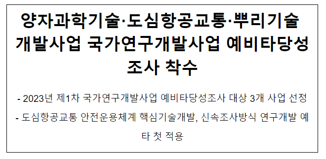 양자과학기술, 도심항공교통, 뿌리기술 개발사업, 국가연구개발사업 예비타당성조사 착수 양자과학기술, 도심항공교통, 뿌리기술 개발사업, 국가연구개발사업 예비타당성조사 착수