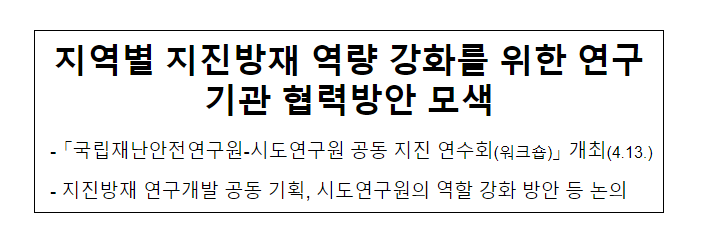 지역별 지진방재 역량 강화를 위한 연구기관 협력방안 모색 지역별 지진방재 역량 강화를 위한 연구기관 협력방안 모색