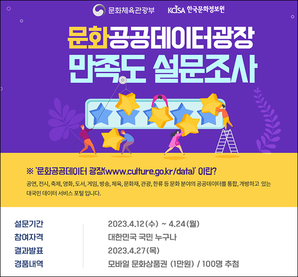 문화공공데이터광장 만족도 설문조사(문상 1만원 100명)추첨 문화공공데이터광장 만족도 설문조사(문상 1만원 100명)추첨