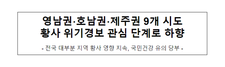 영남권·호남권·제주권 9개 시도 황사 위기경보 관심 단계로 하향 영남권·호남권·제주권 9개 시도 황사 위기경보 관심 단계로 하향