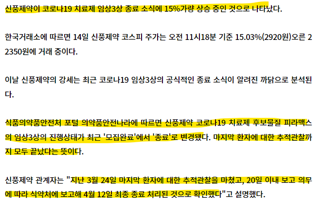 개풍이 피라맥스 코로나치료제 임상3상 종료는 엊그제 됐고만, 오늘에서야 10% 상승?! 주가 2만원 재돌파! 