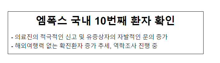 엠폭스 국내 10번째 환자 확인(4.14.금) 엠폭스 국내 10번째 환자 확인(4.14.금)