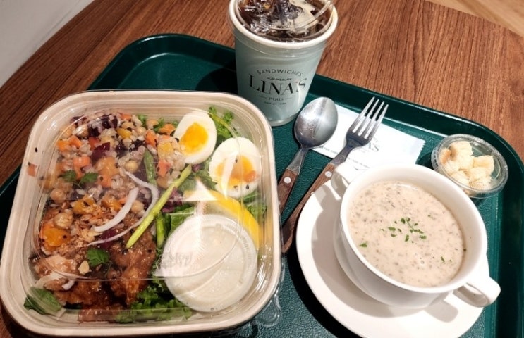  리나스 데리야끼 치킨샐러드 LINA's 양송이스프 여의도 샐러드 맛집