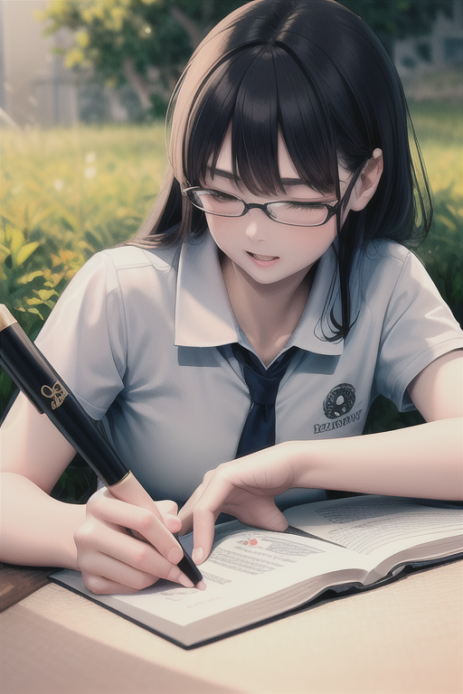 AI 그림) 야외에서 책 보고 공부하는 안경 여학생
