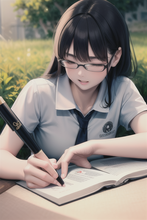  AI 그림) 야외에서 책 보고 공부하는 안경 여학생