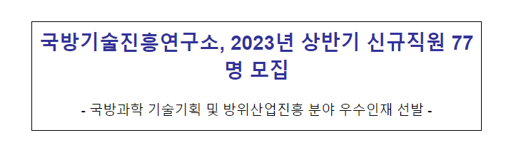 국방기술진흥연구소, 2023년 상반기 신규직원 77명 모집 국방기술진흥연구소, 2023년 상반기 신규직원 77명 모집