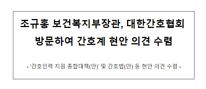 조규홍 보건복지부장관, 대한간호협회 방문하여 간호계 현안 의견 수렴 조규홍 보건복지부장관, 대한간호협회 방문하여 간호계 현안 의견 수렴