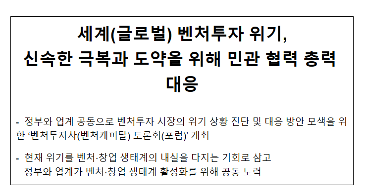 세계(글로벌) 벤처투자 위기, 신속한 극복과 도약을 위해 민관 협력 총력 대응 세계(글로벌) 벤처투자 위기, 신속한 극복과 도약을 위해 민관 협력 총력 대응