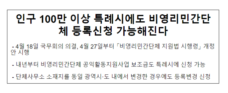 인구 100만 이상 특례시에도 비영리민간단체 등록신청 가능해진다 인구 100만 이상 특례시에도 비영리민간단체 등록신청 가능해진다