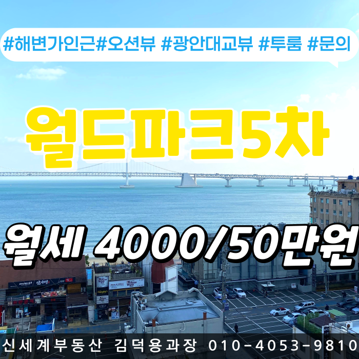 가격 파격인하 광안리해변가 인근 월드파크 5차 오션뷰 투룸 월세 보증금 4000만원 월50만원 저렴하게나온 귀한 매물