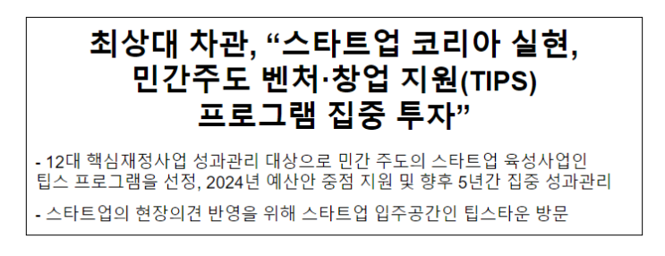 최상대 차관, “스타트업 코리아 실현, 민간주도 벤처·창업 지원(TIPS) 프로그램 집중 투자” 최상대 차관, “스타트업 코리아 실현, 민간주도 벤처·창업 지원(TIPS) 프로그램 집중 투자”