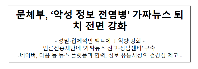 문체부, ‘악성 정보 전염병’ 가짜뉴스 퇴치 전면 강화 문체부, ‘악성 정보 전염병’ 가짜뉴스 퇴치 전면 강화