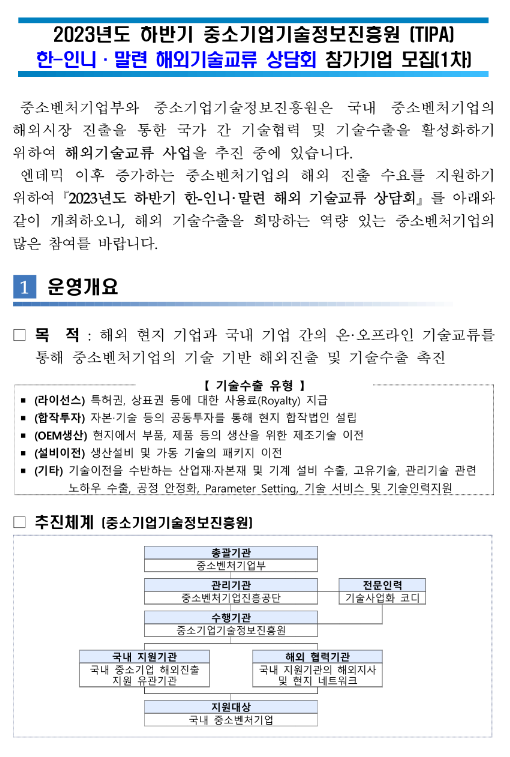 2023년 하반기 한-인니ㆍ말련 해외기술교류 상담회 참가기업 모집 공고 2023년 하반기 한-인니ㆍ말련 해외기술교류 상담회 참가기업 모집 공고