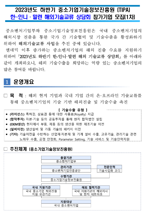 2023년 하반기 한-인니ㆍ말련 해외기술교류 상담회 참가기업 모집 공고