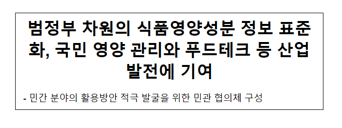 범정부 차원의 식품영양성분 정보 표준화, 국민 영양 관리와 푸드테크 등 산업발전에 기여 범정부 차원의 식품영양성분 정보 표준화, 국민 영양 관리와 푸드테크 등 산업발전에 기여