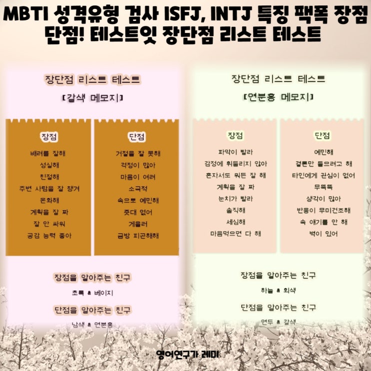 ISFJ, INTJ 성격 특징 팩폭 장점 단점! MBTI 성격유형 검사 테스트잇 장단점 리스트 테스트 ISFJ, INTJ 성격 특징 팩폭 장점 단점! MBTI 성격유형 검사 테스트잇 장단점 리스트 테스트