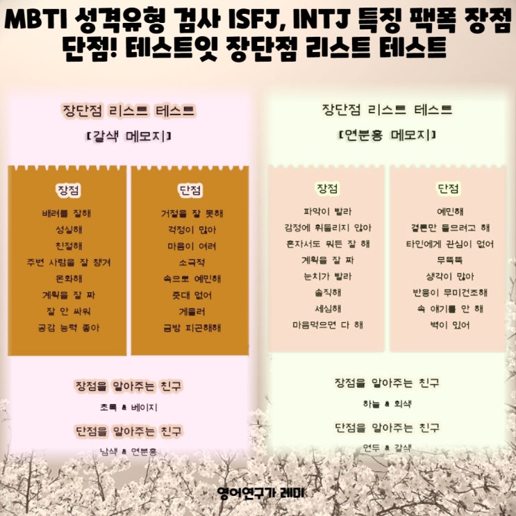 ISFJ, INTJ 성격 특징 팩폭 장점 단점! MBTI 성격유형 검사 테스트잇 장단점 리스트 테스트