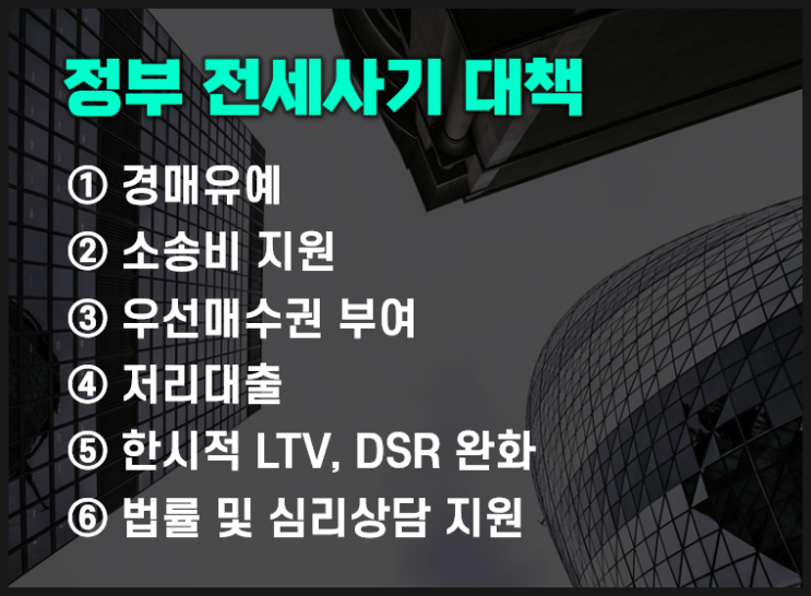 전세사기 피해자 대책(경매 유예, 소송비, 우선매수권, 저리대출, LTV, DSR완화)